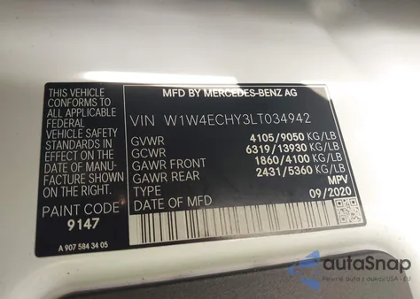 2020 Mercedes-Benz Sprinter 2500 High Roof V6 из США, поврежденный, VIN W1W4ECHY3LT034942